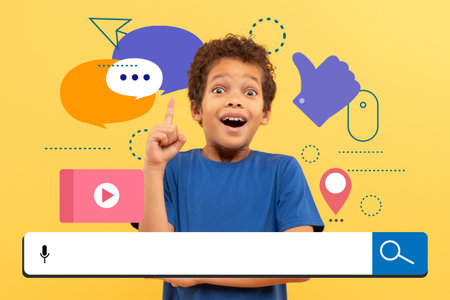 Excited Young African American Boy Learning With Speech Bubbles And Search Bar, Happy Expression