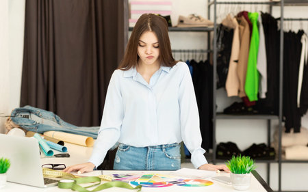 Young tailor selecting color for new shirt and having doubts in atelier