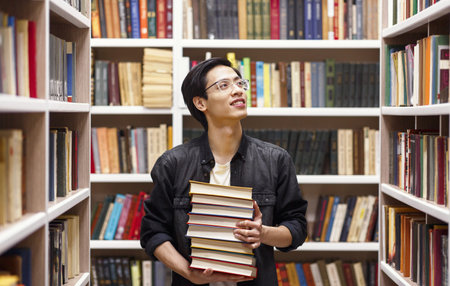 Young chinese man in glasses standing at library