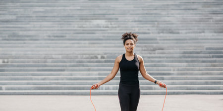 Fitness african american woman in sportswear with wireless headphones, fitness tracker, jumping on rope on stairs background