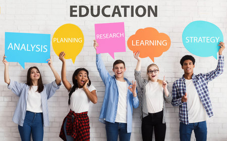 Happy friends holding placards with features of successful education
