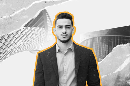Confident Young Caucasian Man In Formal Suit Posing Against Modern Architectural Background, Business Concept