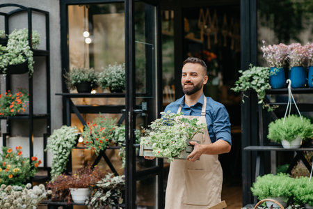 Blooming season, gardening at shop in city outdoor