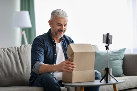 Happy senior man blogger broadcasting while opening delivery box