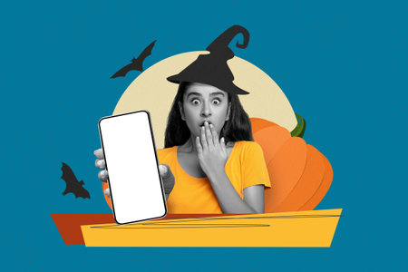Surprised Young Hispanic Woman Holding Smartphone With Blank Screen, Halloween Background
