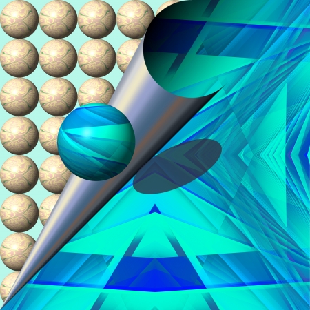 Balls and poster - Small balls are stored on the poster , which is of the left side coiled in form of  tundish  The ball in the foreground, colored blue azure, is in the same style as curled paper の写真素材