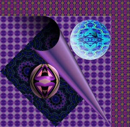 Motif of four  flowers, is placed in the pattern tiles  This pattern  of tiles  is double, right side is coiled  Abstract pattern is at the top and right of the imageIn the foreground picture objects are shaped of spheres, which are phosphorescent  の写真素材