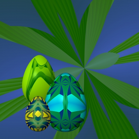 Green Easter eggs - On a blue background picture is imitation vegetation, in the foreground are three painted eggs, in different sizes の写真素材