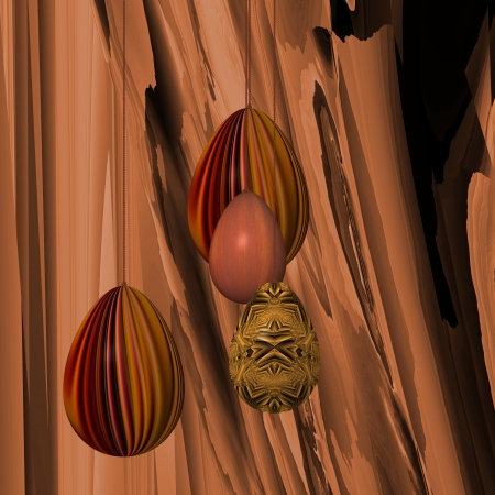 Wooden still life - Background of this picture is an imitation of raw, unworked timber  In the foreground are hinged Easter eggs, which are in the of harmony with  color of background  の写真素材