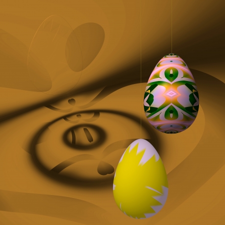 Two Easter eggs - In the foreground of this picture are two Easter eggs  Background them imitation of wood paneling  の写真素材