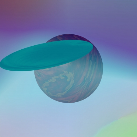 Disk and the planet - Blue disc in the foreground of this picture is science fiction conception  spaceship in the future  People will visit remote parts of the universe の写真素材