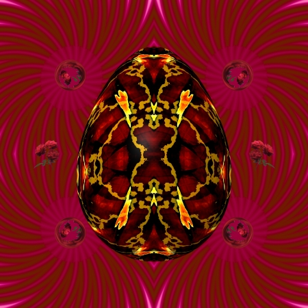 Egg and roses - Egg in this picture is consists of dark colors  Background the picture is created from ornaments, that are in the shape of  rays  Image complement the roses,  that are in bloom の写真素材