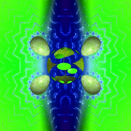 Easter eggs and leaves - Four Easter eggs painted in the green color, circling around a four leaf  from birch の写真素材