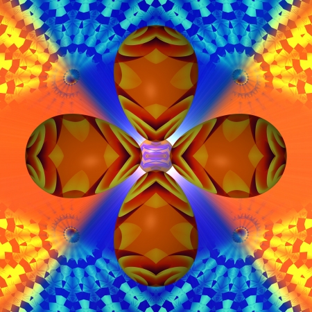 The cross of Easter eggs - The basis of the image is the illuminated background  In the foreground are four Easter eggs, arranged to form a cross  In the middle of the picture is a sphere の写真素材