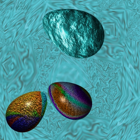 Easter eggs on the glass - In the background of this image is pattern, which is similar the of cut glass  In the foreground is blue egg, which is similar to the planet  At the bottom of the picture are two Easter eggs folded out of bullets and cubes の写真素材