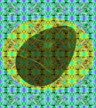 Shadow from the egg - In the center picture is translucent Easter Egg, which appears to be as a shadow  A background decorate flowers and cubes, submerged into fantastic extraterrestrial light の写真素材