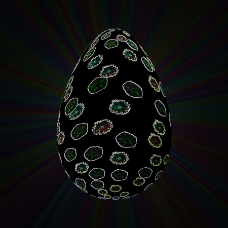 The black still life - Dark background of this image is a decorated the rays of light  In the foreground is egg in  black, decorated with bright flowers の写真素材