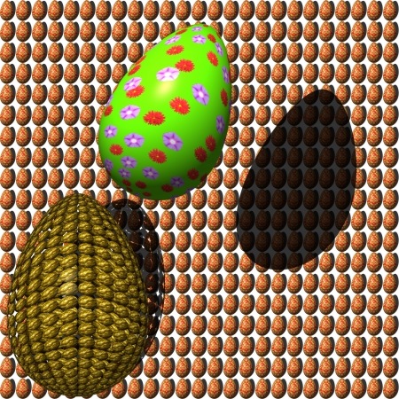 Mosaic from Easter eggs - The background of image is consist of the quantity Easter eggs, which are the same  In the foreground of this picture is egg of green colored,  and also egg, which is consisting from golden bullets の写真素材