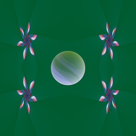 The green ball - Sphere in the middle of flowers, on a background of intertwined the surfaces, that are green.の写真素材