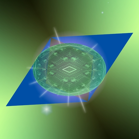 The green ellipsoid - In the foreground is a ellipsoid, which is translucent and of greenish color, and which also has symmetrically dissected relief surface.の写真素材