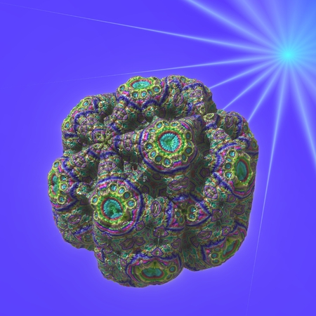 Colored stone - Object in this figure, has shape of the stone in the hexagonal structure. The stone has a complicated color texture. In background of image is a star, in the color cyan,  with long rays in bright blue color.の写真素材