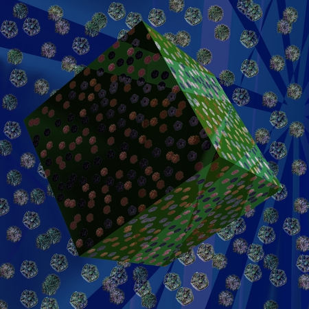 The cube in space - Green cube on a blue background is surrounded flowers which displayed the rain of blossoms.の写真素材