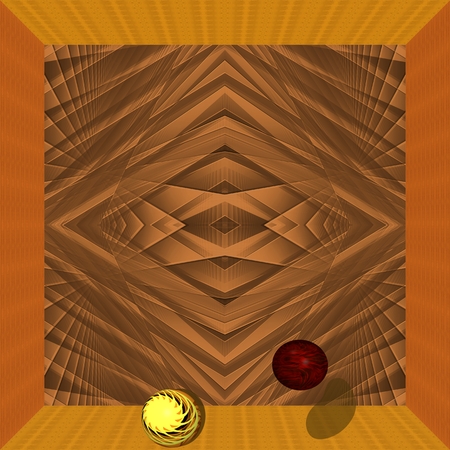 Wooden box - Two balls, or two spheres, are positioned into space, which is surrounded with wood. The back wall is created in the form of geometric lines and rhombuses.の写真素材