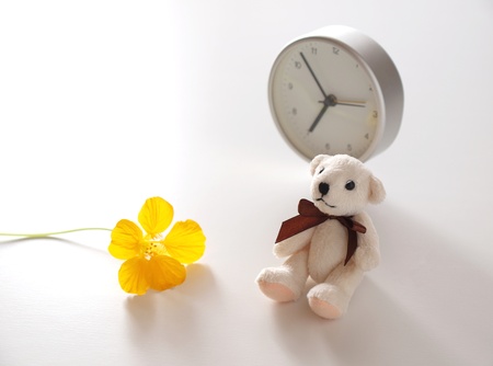 teddy bear, clock, and flowerの写真素材
