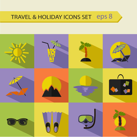 Vector flat icons collection with long shadow effect in modern colors of traveling tourism and vacation.のイラスト素材