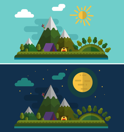Flat design nature landscape illustration with alpinist and camping, sun, hills, montains, moon and clouds.のイラスト素材