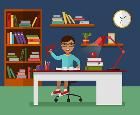 Kid learns concept. Child reading book and learning in his room with working desk, lamp, bookcase, files and books. Flat vector illustration.のイラスト素材
