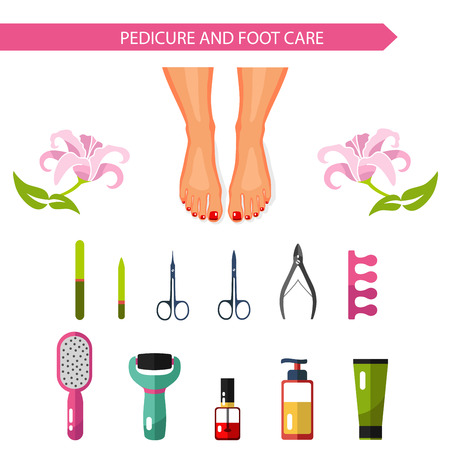 Vector flat design illustration of pedicure procedure. Pedicure spa. Beautiful female legs or feet with red nails. Nail file, nail polish, scissors, cream, foot file. Isolated on white.のイラスト素材
