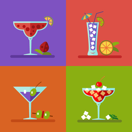Vector illustration of alcohol bottles, drinks, and cocktails icons set in flat design style. Including different snacks - cherry, strawberry, lime and olive.のイラスト素材