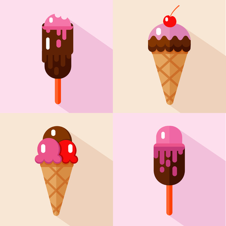 Vector flat style icons set of different types of ice cream. Wafer horn or cone, cherry and chocolate ice cream.のイラスト素材