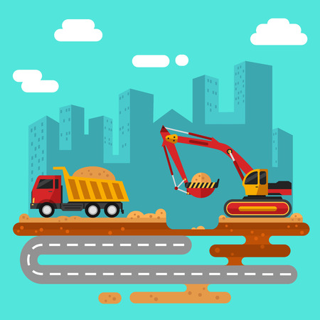 Flat style vector illustration of excavator in work. Excavator loading sand into a truck. City landscape, construction process.のイラスト素材