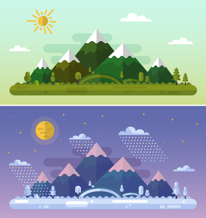 Flat design nature summer and winter landscapes illustration with sun, hills, mountains, moon, clouds, snowfall and forest. Day and night landscapes.のイラスト素材