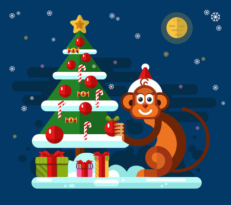 Flat style vector stock illustration of christmas monkey. Monkey in santa's hat decorate the xmas tree. Including candy, christmas balls, gift boxes, star, moon, snowflakes.のイラスト素材