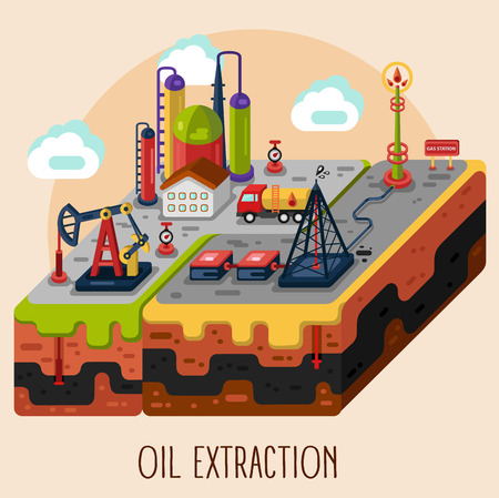 flat style stock infographic of oil and gas extraction, oil rig, oil pumping station, oil storage, oil factory. Isometric 3d illustration. Oil and gas extraction concept.のイラスト素材