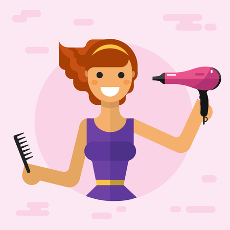 Flat vector illustration of beautiful smiling girl with hair dryer and hair brush dries her hair. Hair care concept.のイラスト素材