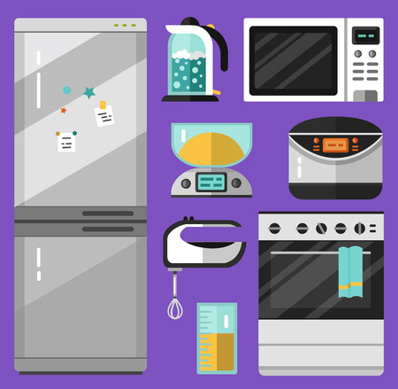 Vector flat icons set of appliance. Fridge, microwave oven, mixer, electric scales, electric kettle, measuring cup, stove, breadmaker or multicooker. Kitchen utensils illustration.のイラスト素材