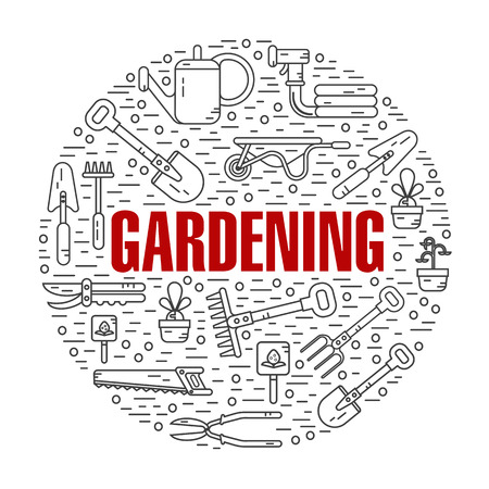 Vector modern line style color illustration of garden work tools. Secateurs, watering can, shovel, rake, garden cart, garden hose, fork, saw. Gardening and agriculture round shape icons concept.のイラスト素材