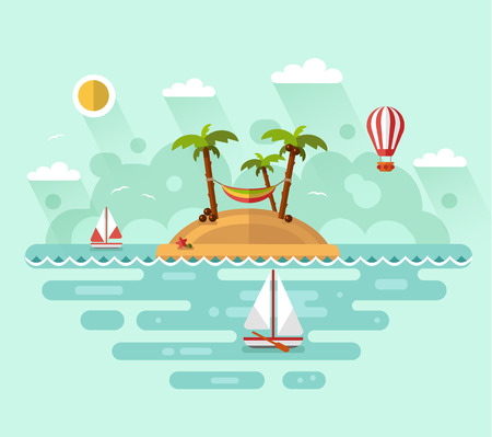 Flat design vector nature landscape illustration with tropical island, sun, palm, coconut, hammock, sailing boat, air balloon. Summer vacation on tropical island. Perfect holidays concept.の販売画像