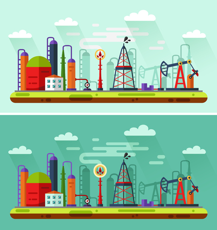 Flat design Day and Night illustration of oil extraction industry. Including rig, pumping station, storage, factory, petroleum refinery, smoke from the chimney, clouds.のイラスト素材