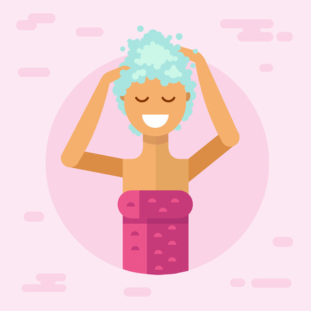 Flat illustration of beautiful smiling girl in towel washing her hair with shampoo in bathroom and enjoying. Flat style hair care concept.のイラスト素材