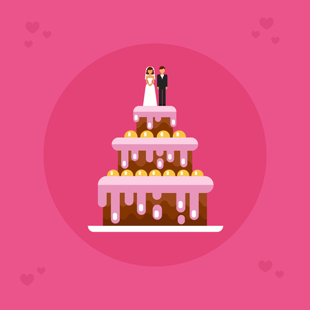 Flat design vector icon of tasty wedding cake with the groom and bride on top. Save the date. Sweet food and dessert illustration for card and banner.のイラスト素材