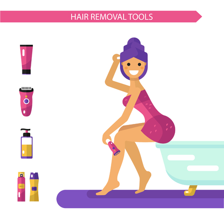 Vector flat design illustration of epilation or depilation procedure. Beautiful smiling girl in towels depilating legs with electric epilator. Shaving foam and gel bottles, cream icons.のイラスト素材