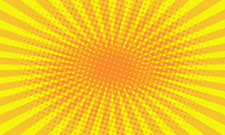 Retro pop art background with halftone dots and starburst rays. Comic book halftone gold background. Yellow orange sun rays autumn summer dotty halftone texture background backdrop banner.の写真素材