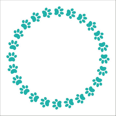 Turquoise animal paw prints round frame with empty space for text.のイラスト素材