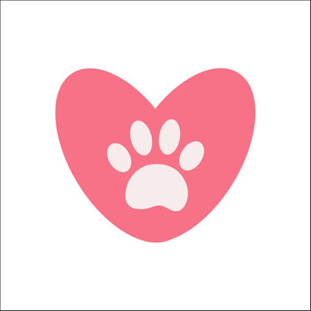 White paw print of an animal on a pink heart is a love and care symbol logo icon sign.のイラスト素材