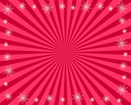 Red Christmas radiant rays background with white snowflakes border frame mockup with copy space for your design.のイラスト素材